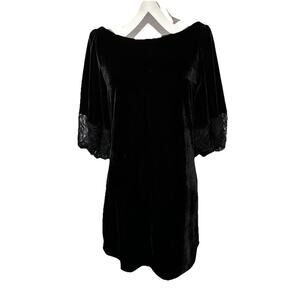 Judith March Black Velvet Evening Dress Small LBD Puff Lace Sleeve Party